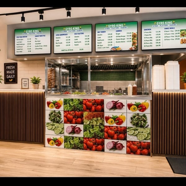 A Gyro King restaurant interior with menu boards, a food counter, and fresh ingredients.