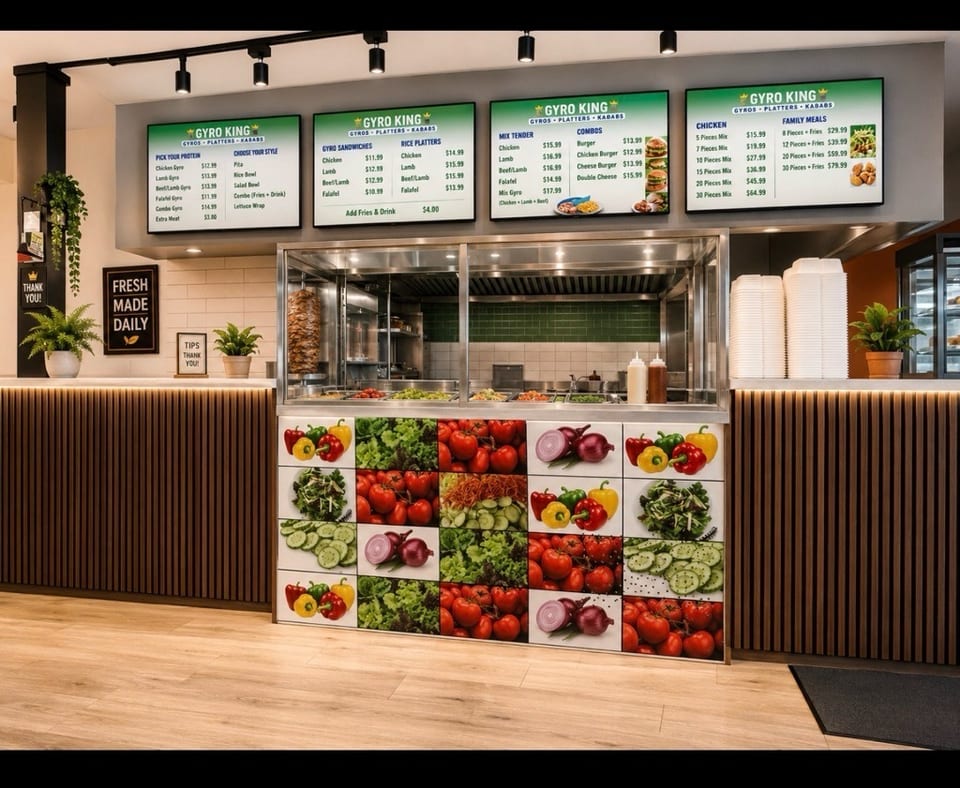 A Gyro King restaurant interior with menu boards, a food counter, and fresh ingredients.
