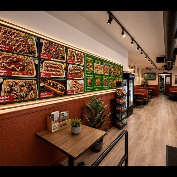 Interior view of a Gyro King restaurant with a large menu board, tables, and seating.