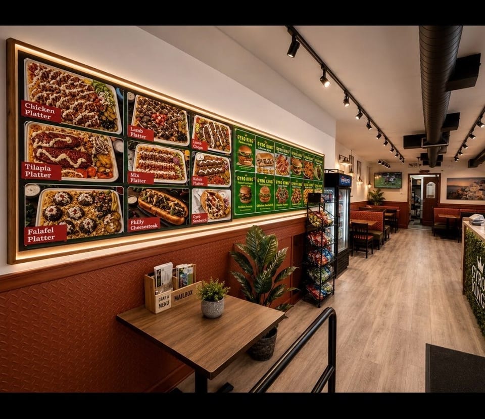 Interior view of a Gyro King restaurant with a large menu board, tables, and seating.